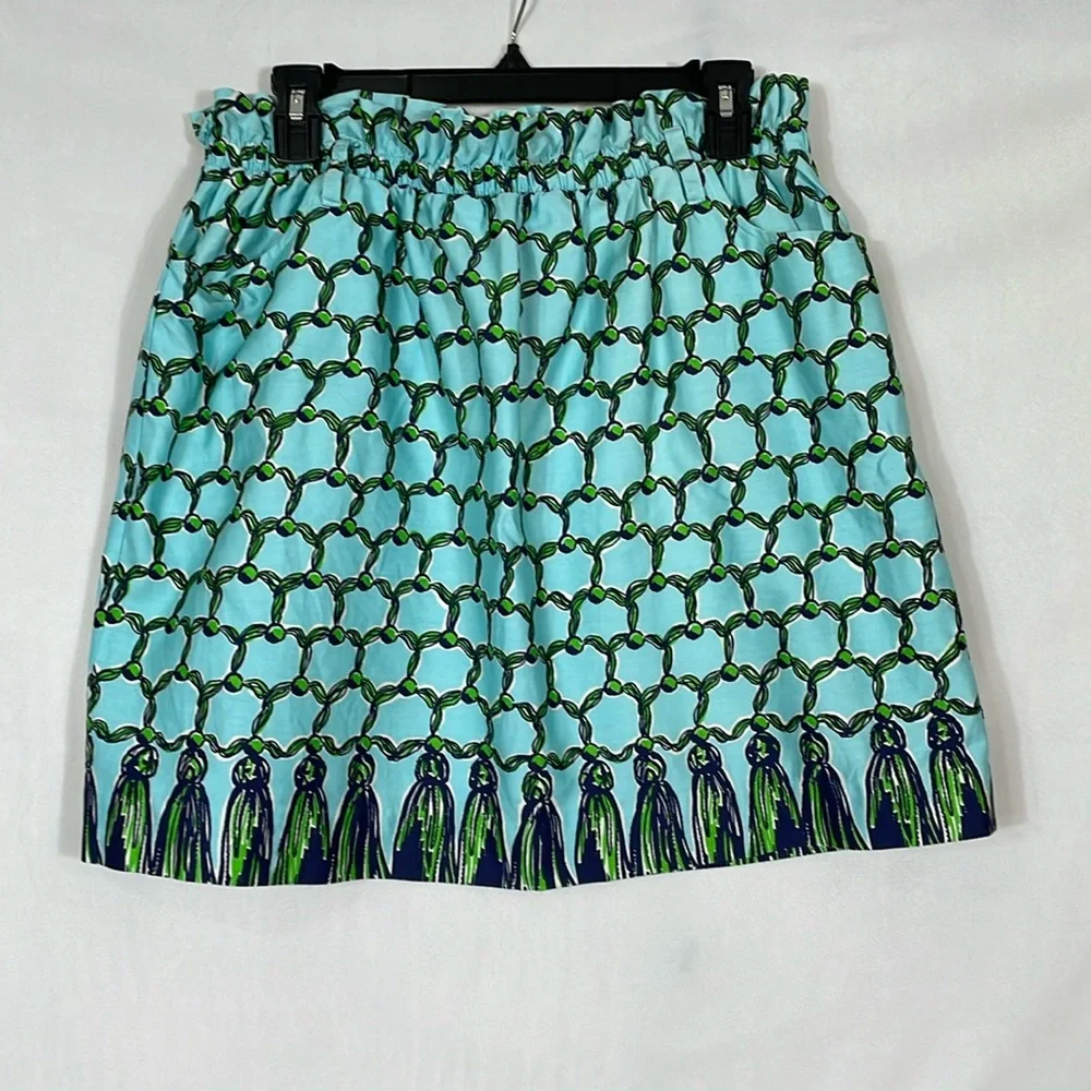 Lilly Pulitzer Vintage Skirt Size M Blue And Green Tassel Print EUC